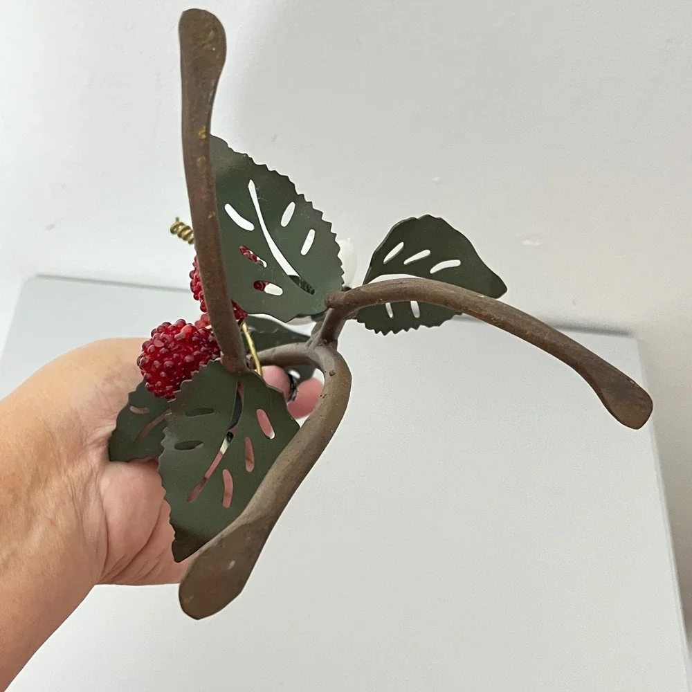 Vintage Raspberry Vine Taper Candle Holder  Bronze Red Botanical Cottagecore